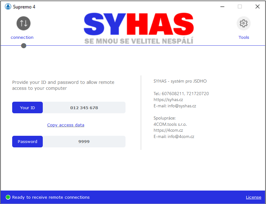 Vzdálená správa, aplikace připravená na spojení.